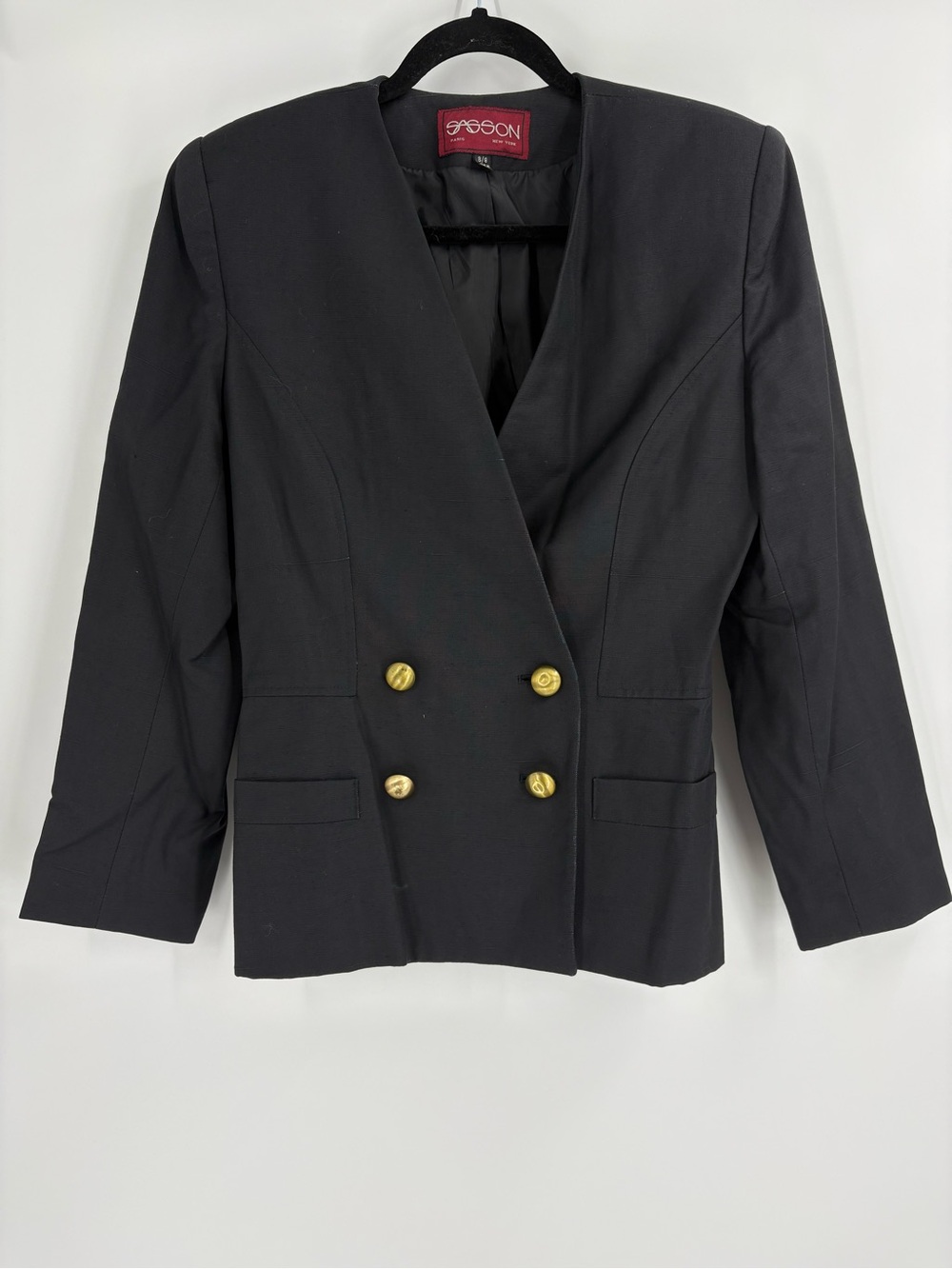 Black Double-Breasted Blazer Mob Wife Dark Academia Military Gold Buttons Size 8